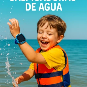 Niño usando reloj inteligente Q12 resistente al agua, color azul, con chaleco naranja en la playa.